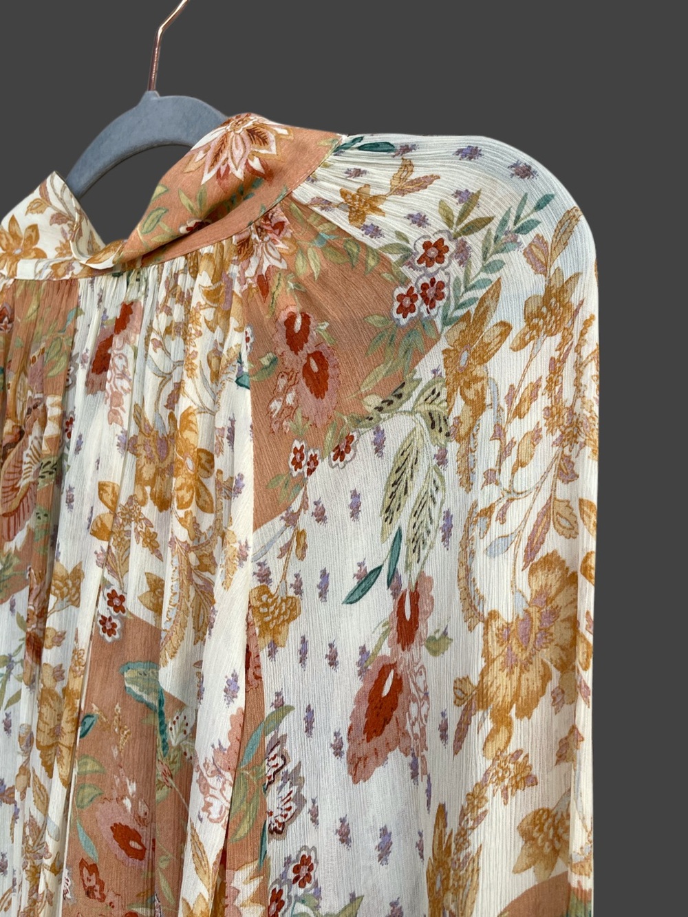 SEZANE Orange Tan Boho Floral Patchwork Flowy Chiffon Tie Back Solange Blouse - Picture 9 of 17